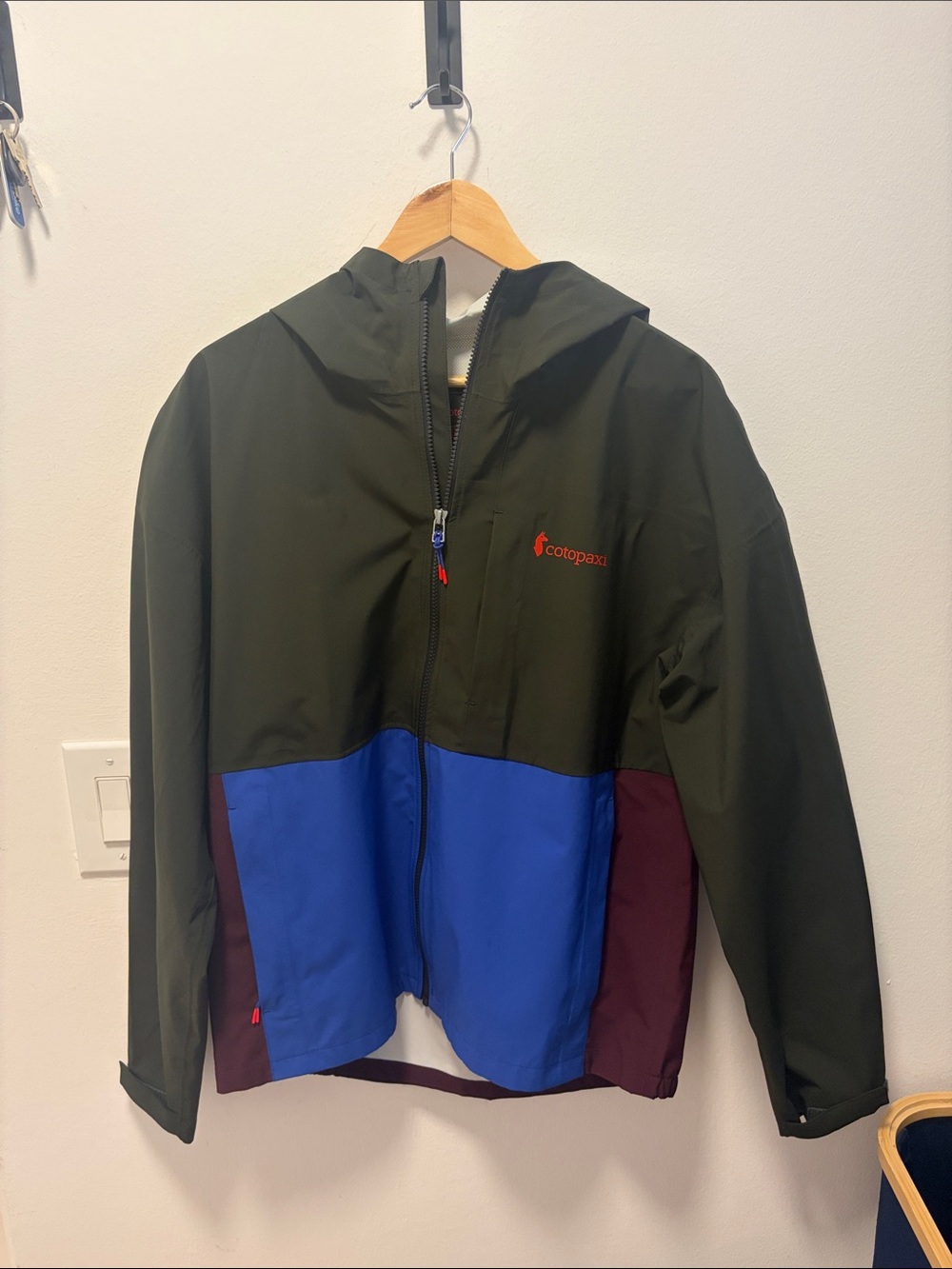 cotopaxi Olive, Blue & Burgundy Colorblock Hooded Rain Jacket
